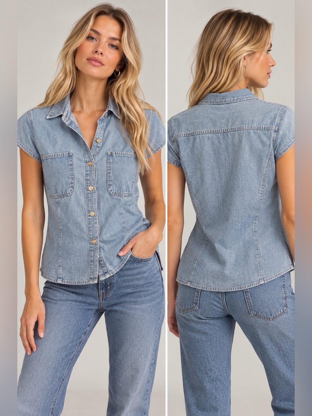 Andrew’s Blues Women's Light Blue Denim Button-Front Cap Sleeve Shirt